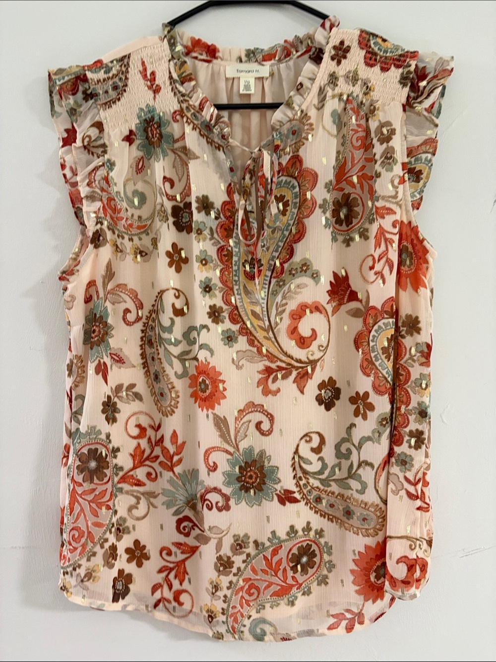 Tamara H Sleeveless Paisley Ruffle Neck Blouse - Cream/Coral Large